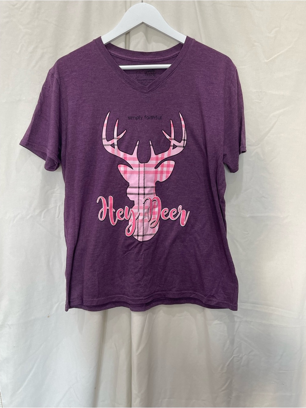 Simply Southern Purple V‑Neck Tee with Pink Plaid Deer Graphic